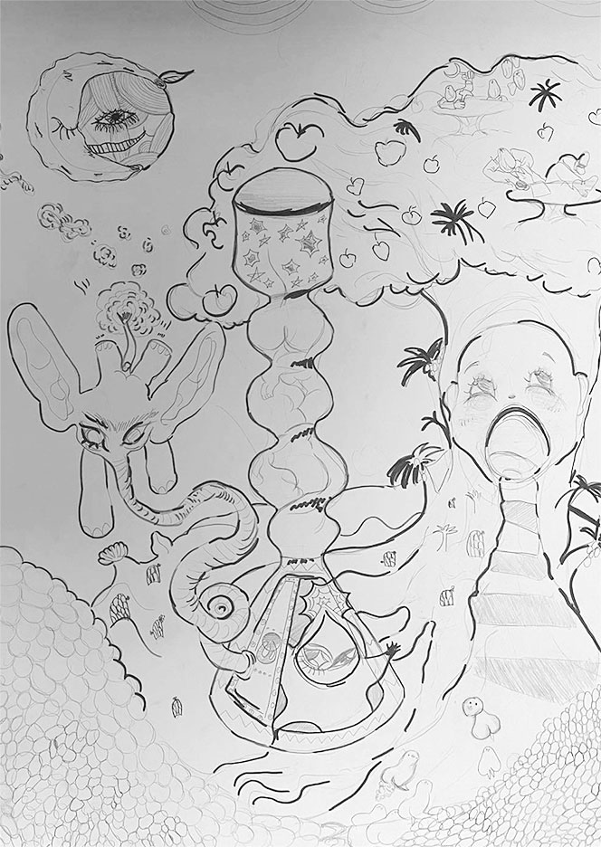 Projet option art d'un monde fantastique on y vois un élèphant reliée à une chicha , une montagne avec le visage d'un bébé et des palmier autour ainsi qu'une lune et un soleil qui se mélange