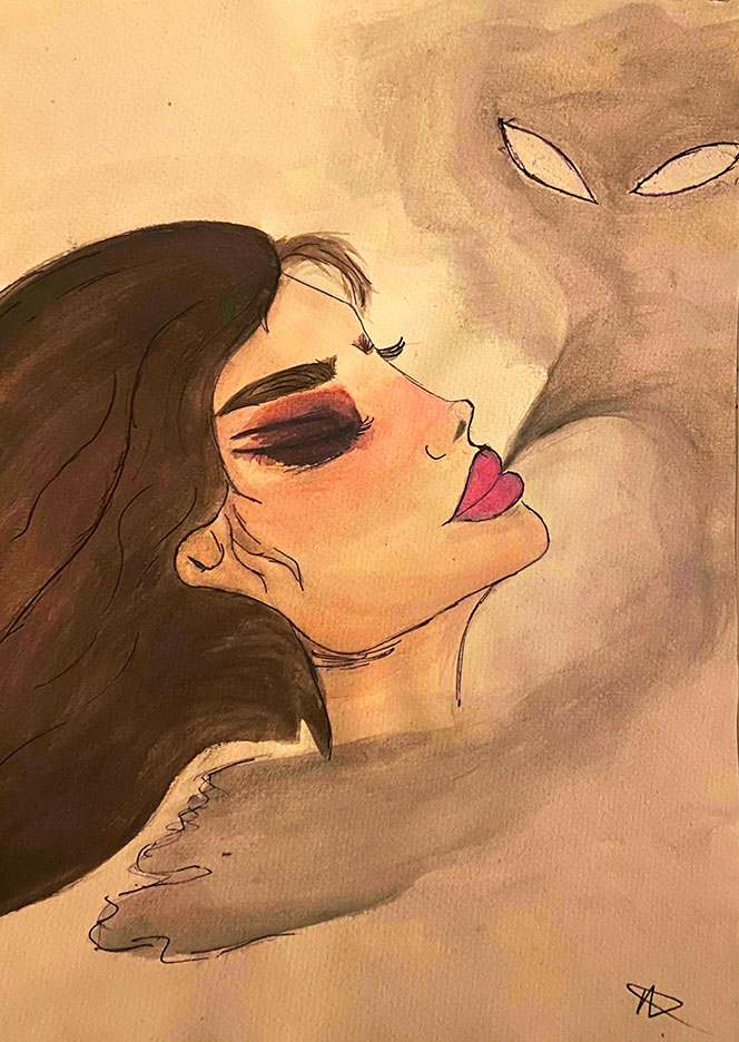 une femme brune au lèvre très coloré semble se faire aspiré par une âme inconnu au yeux sournois